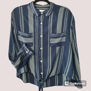 SO brand Navy w/white stripes button up blouse, XL. Lightweight long sleeve.